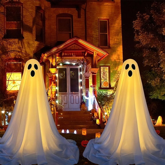 6.9ft Tall Halloween Ghost Decorations With 3 Light Strings, Cute Spooky Front Porch Ghost Decor, Haunted Themed Ornament for Courtyard Yard Lawn, Outdoor Halloween Holiday Accent Decor, White