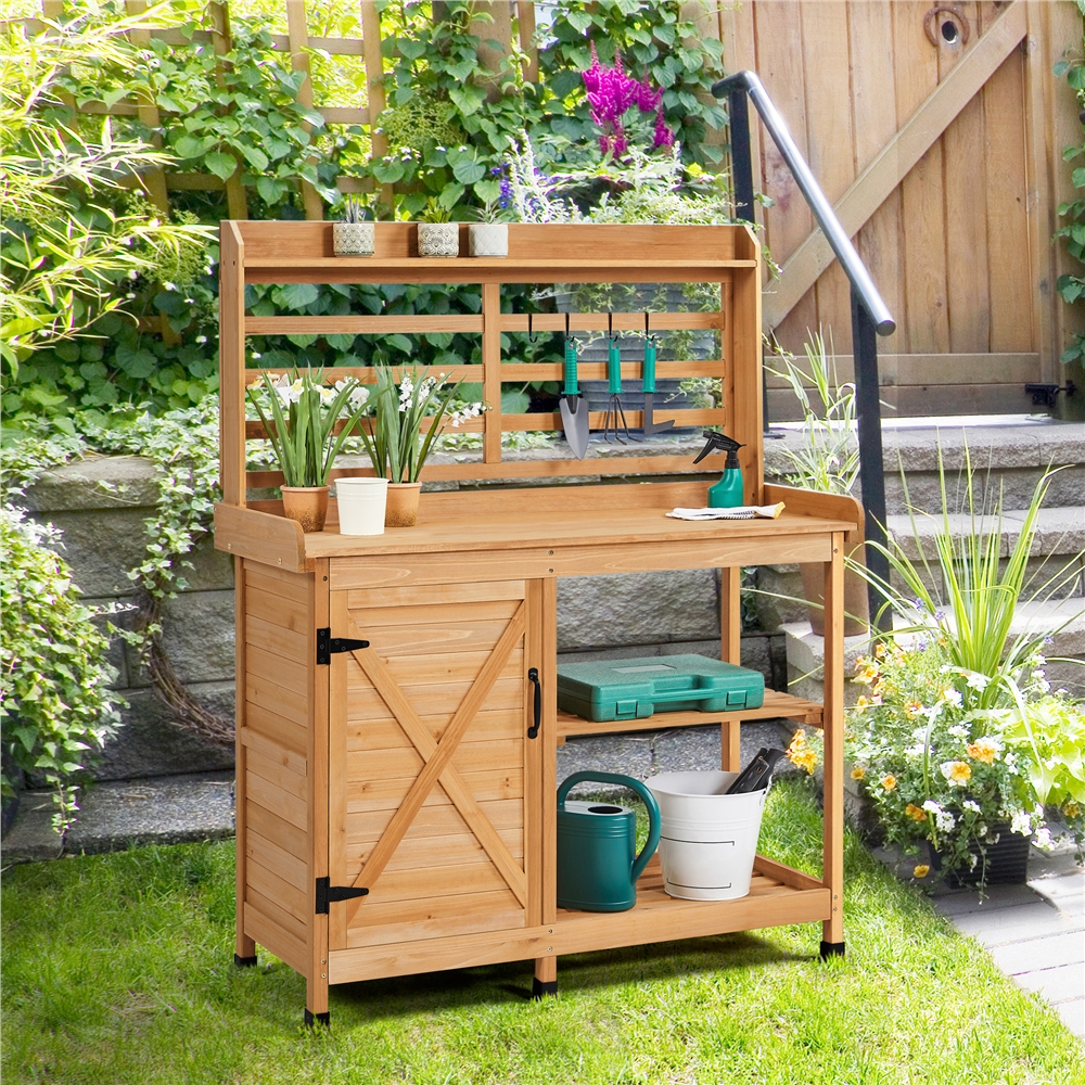 Renwick 4-layer Garden Potting Bench with Cabinet and Open Shelf,Wood