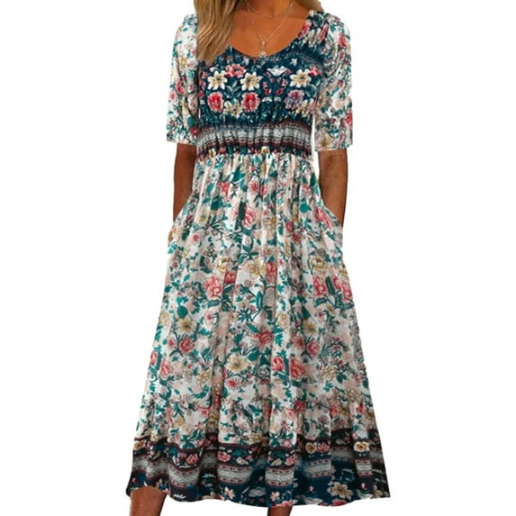 LilyLLL Womens Retro Floral Short Sleeve Crew Neck Flared Swing Midi Dress