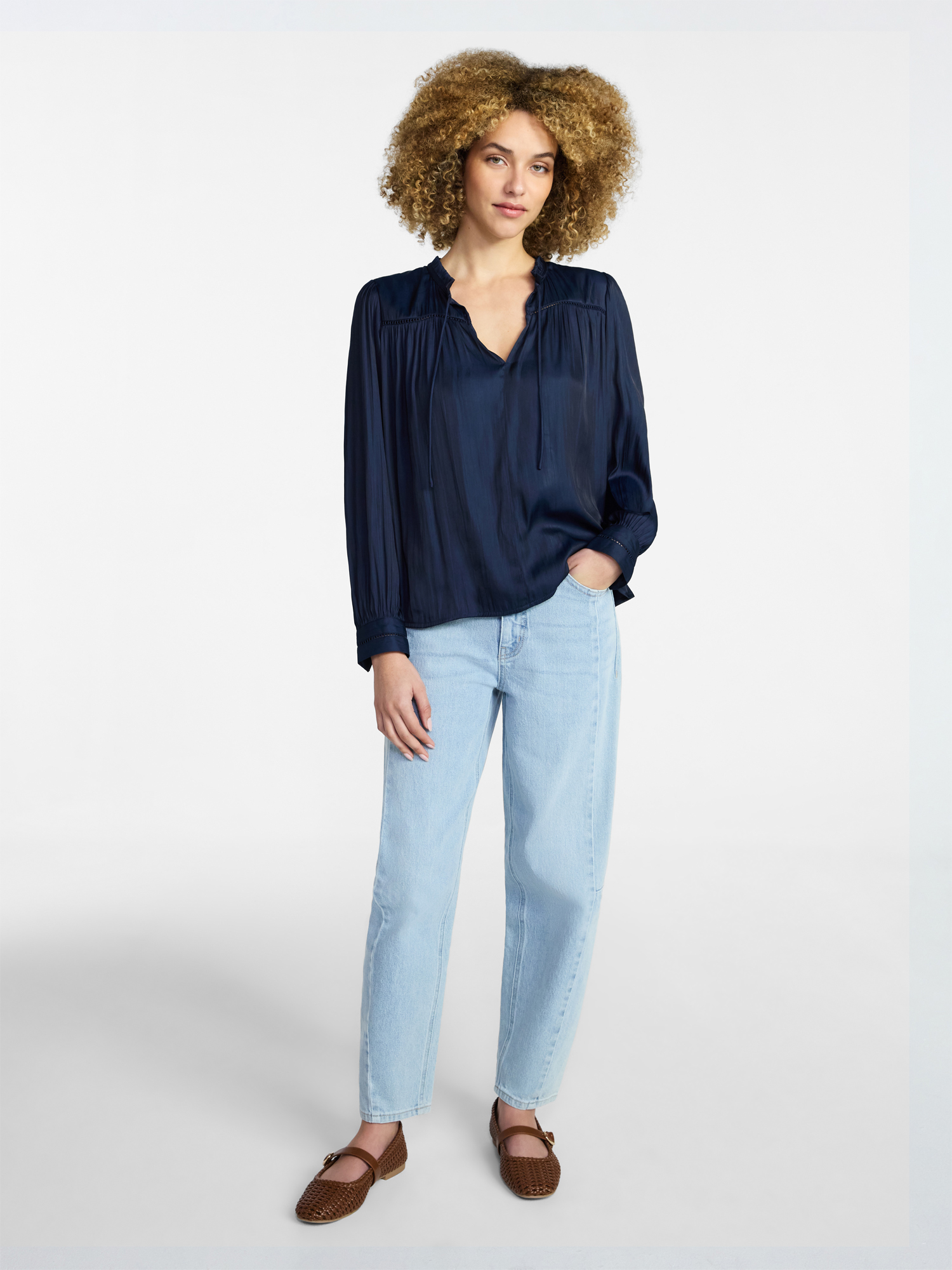Time and Tru Women's Soft Ruched Yoke Blouse with Long Sleeves, Sizes XS-XXXL