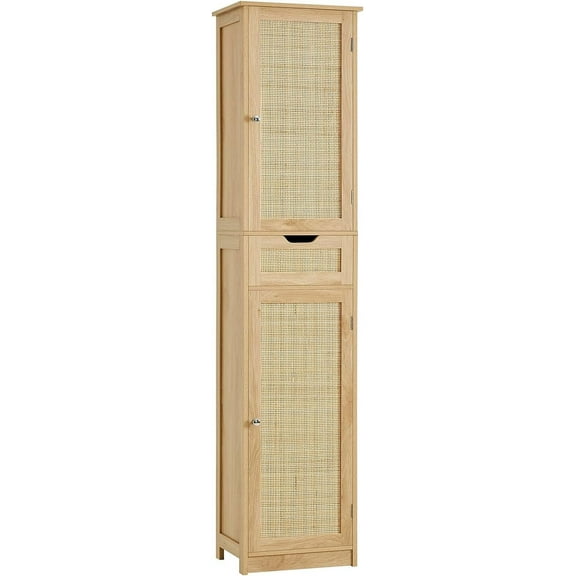 Tall Narrow Storage Cabinet with Doors, Rattan Cabinet with Adjustable Shelves, Freestanding Linen Storage for Living Room, Entryway, Kitchen, Bathroom
