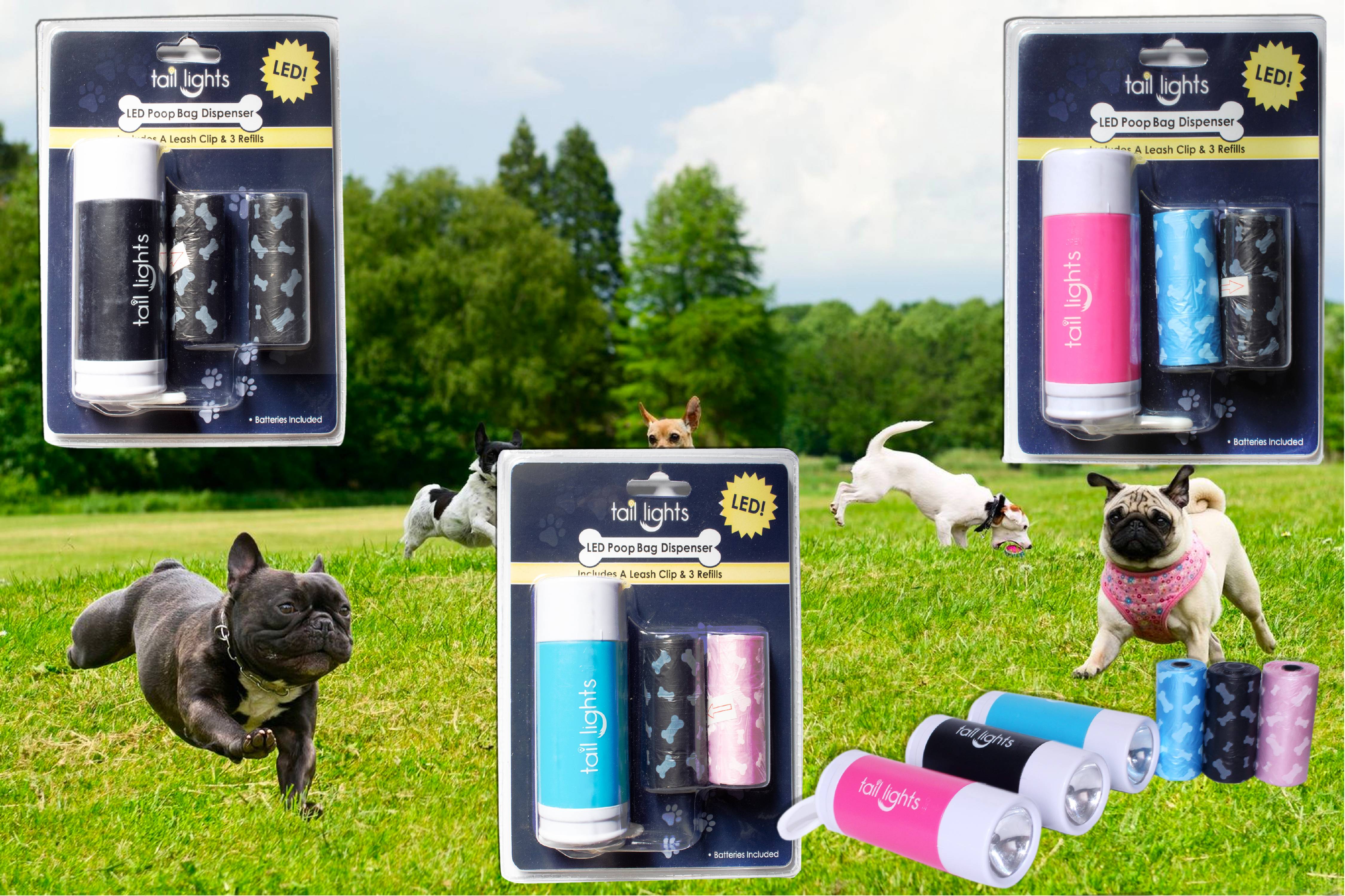 Tail Lights LED Poop Bag Dispenser with Leash Clip & 3 Refills (30 Bags Total), Multiple Colors Available