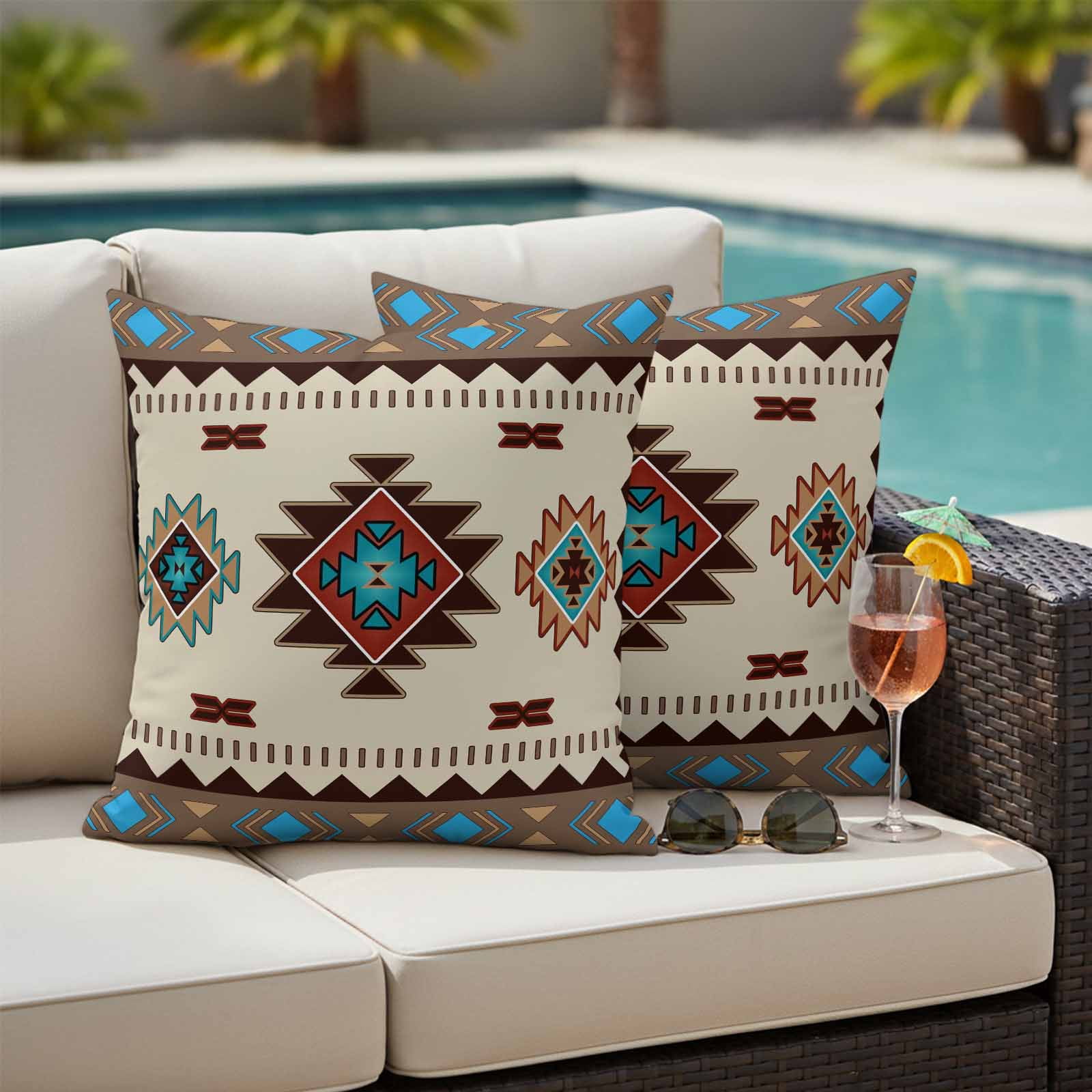 Pack of 2 Outdoor Pillow Covers,Waterproof Boho Southwest Throw Pillow Covers,Farmhouse Aztec Tribe Brown Blue Plaid Decorative Pillowcases Cushion Covers for Couch Pillow Sham Protector 18x18 Inch