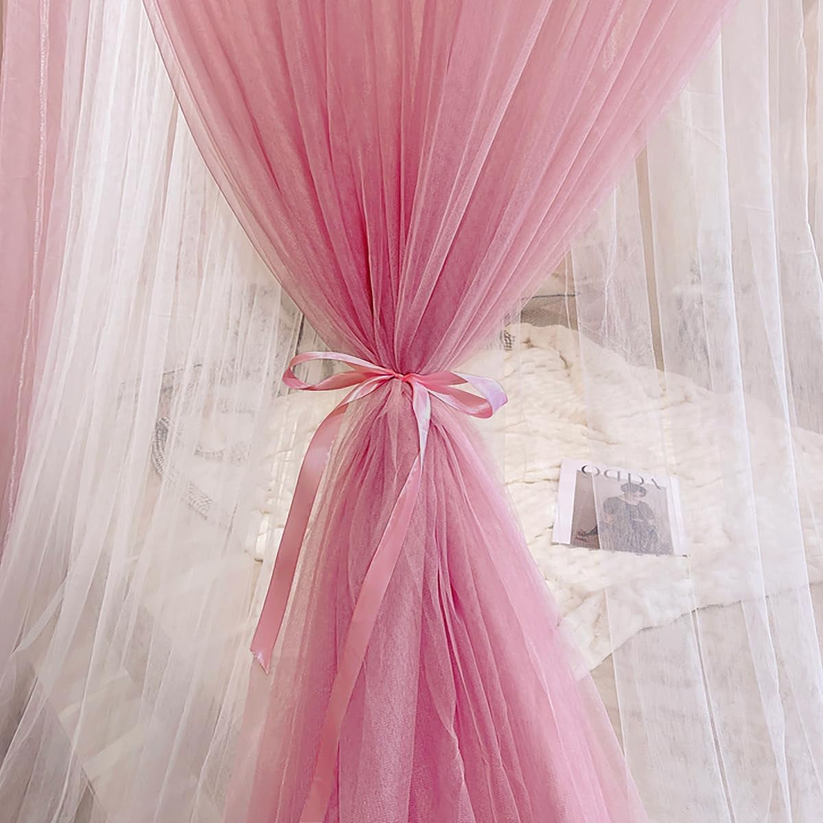Mosquito Net Bed Canopy for Girls, Princess Canopy Bed Curtain Fine Sheer Mesh Dome Bed Canopies, Kids & Adults Lace Tent for Twin Full Queen King Bed (Pink)