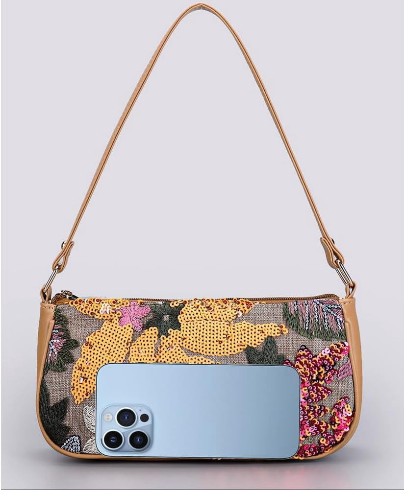 Women's Floral Embroidery Handbags Sequins Shoulder Bags Summer Party Handbags Glitter Underarm Backpacks