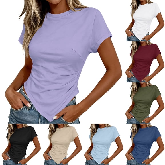 Miluxas Women's Summer Short Sleeve Tops Asymmetrical Hem Crew Neck T Shirts Slim Fit Y2K Side Ruched Casual Tops Streetwear White