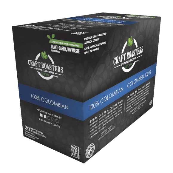 Club Coffee Craft Roasters 100% Colombian - Medium Light Roast Single Serve Coffee K-Cup Pods, Compostable Coffee Pods, Keurig Brewer Compatible, Rainforest Alliance Certified, 20 Count