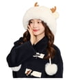 thumbnail image 2 of Njoeus Cute Beanie Hats for Women Sherpas Ski Snow Hats Winter Faux Fured Warm Skull Cap with Deer Antler Outdoor Ear Cover with 2 Pompom As Christmas Gift, 2 of 4