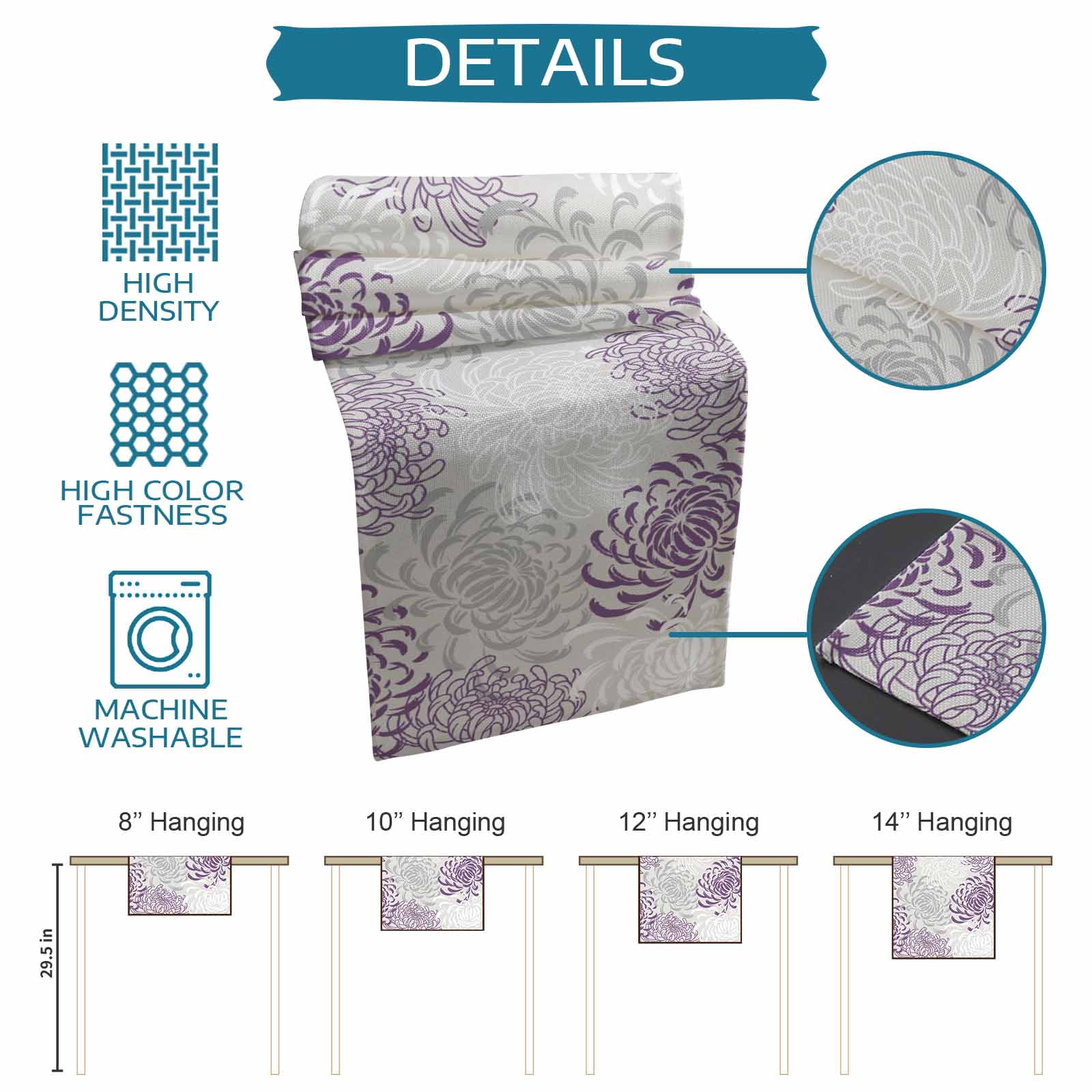 Table Runners 60 Inches Long Dress Scarves, Purple White Farmhouse Kitchen/Dining Table Runner, Small Coffee Tablerunners, Abstract Grey Chrysanthemum Flower Floral 13x60 Inch
