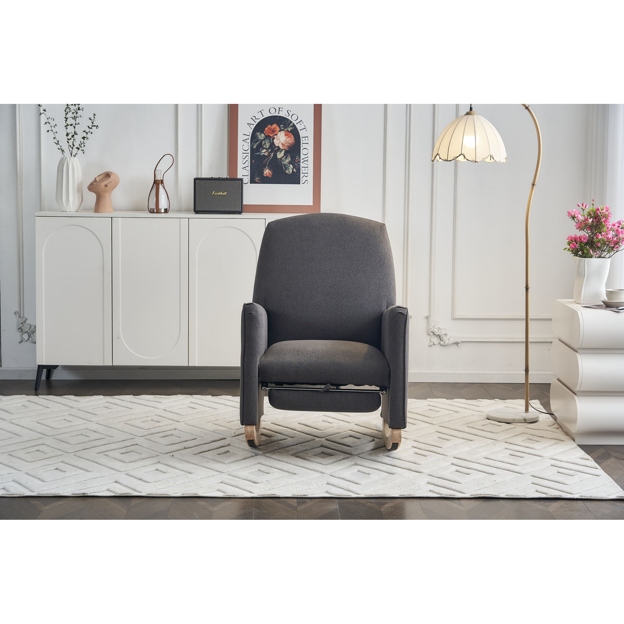 Jopath Nursery Rocking Chair,Cotton Linen Upholstered Rocking Chair with Adjustable Footrest,Glider Rocker Chair with High Backrest for Living Room,Bedroom,Dark Gray