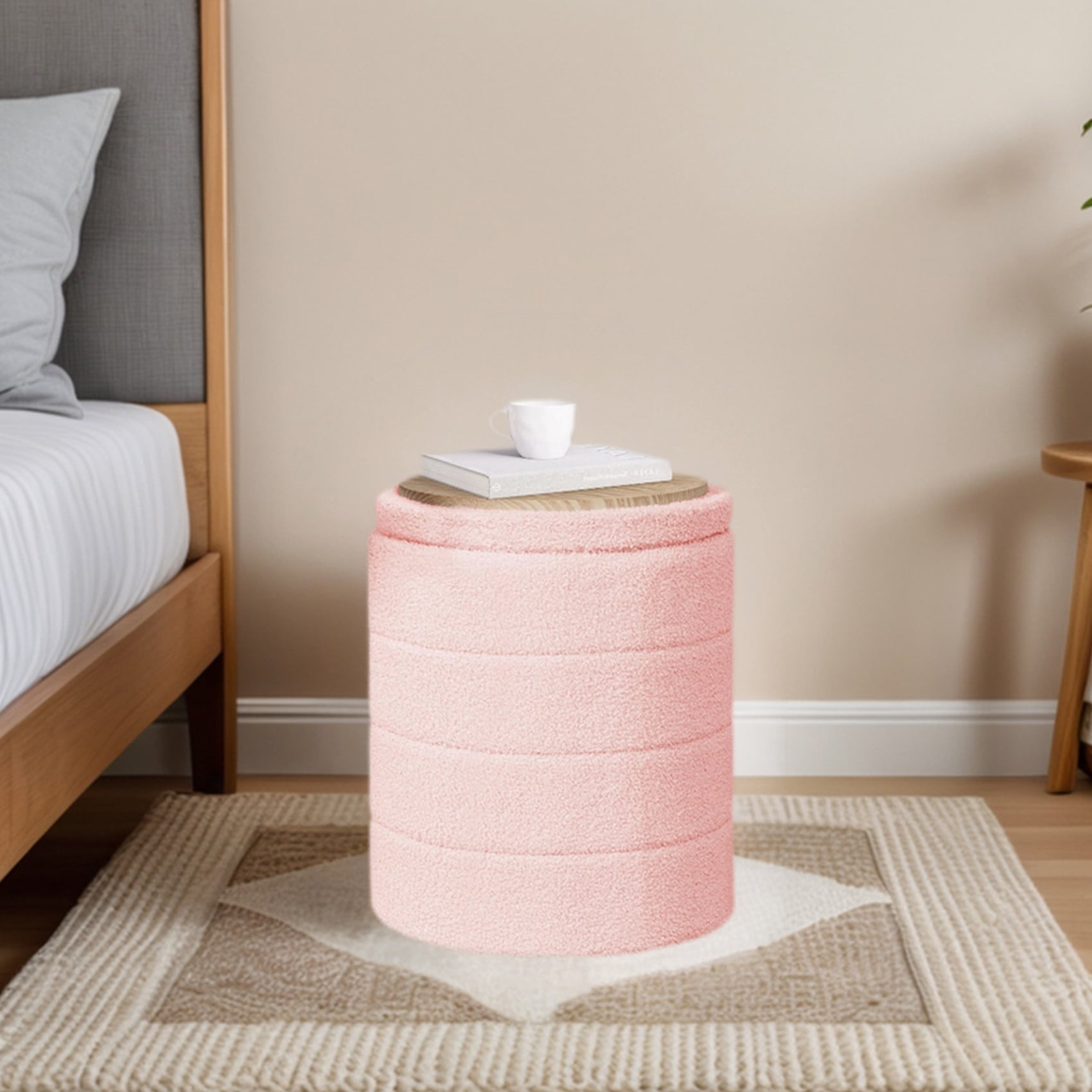 B FSOBEIIALEO 14.6inch Collapsible Storage Ottoman Round with Tray Teddy Fabric Living Room Bedroom Ottoman with Storage(Pink)