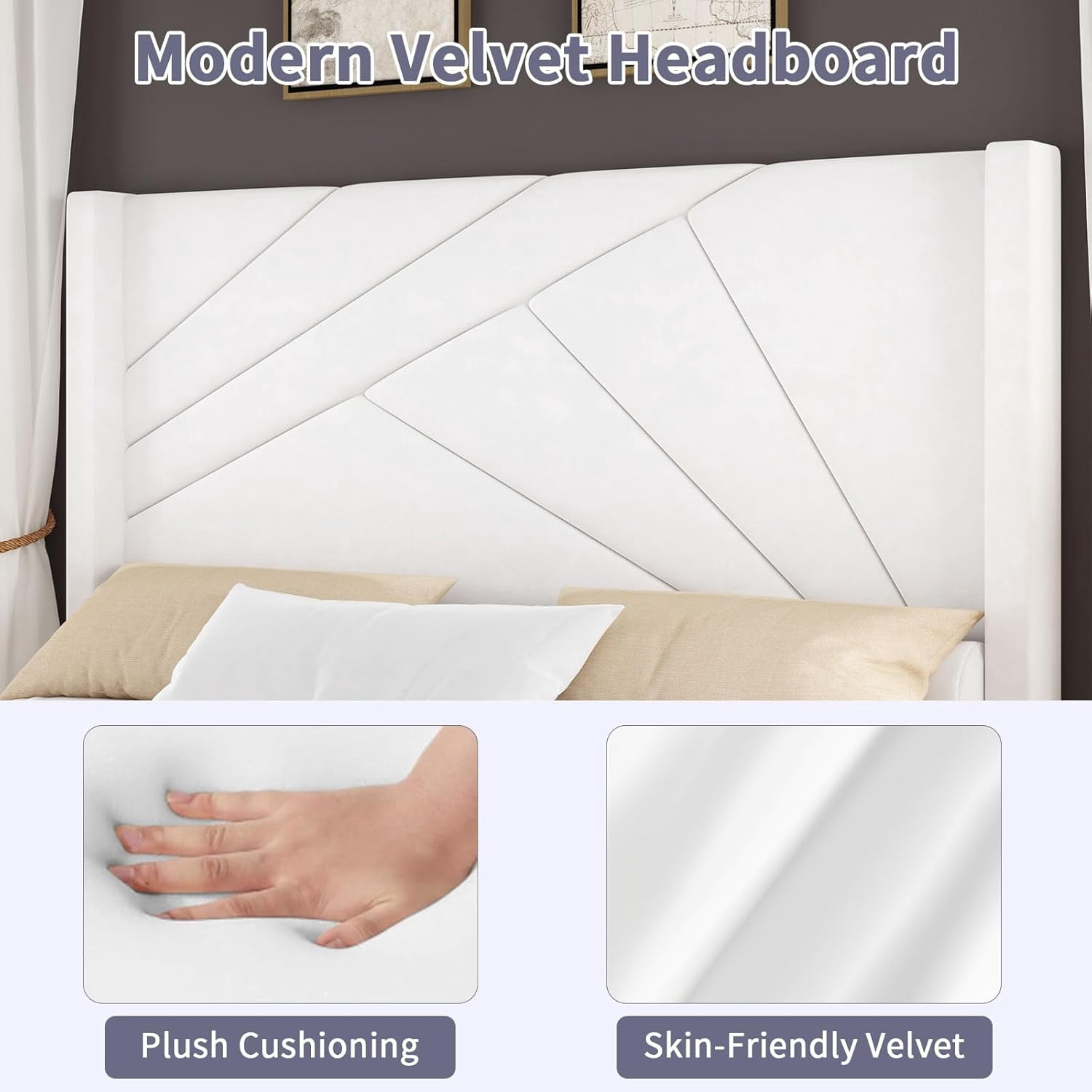 4 EVER WINNER Full Bed Frame, Velvet Upholstered Platform Bed with Headboard and Footbaord, Geometric Tufted Wingback Headboard & Footboard, White