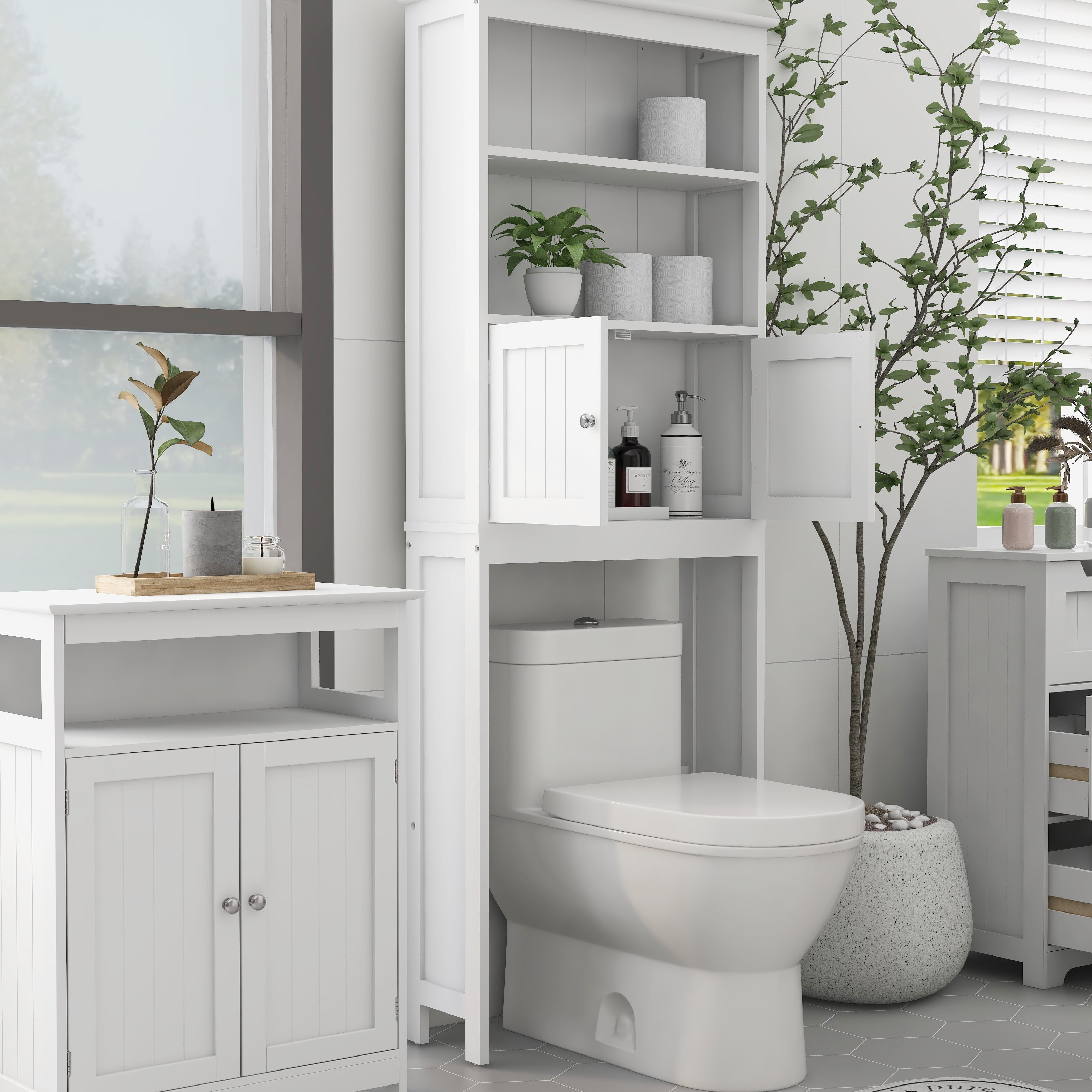 2 -Tier Toilet Bathroom Spacesaver Storage Shelf with 2 Doors, Over The Toilet Rack Wood Storage Organizer Cabinet for Bathroom Freestanding Shelf, White