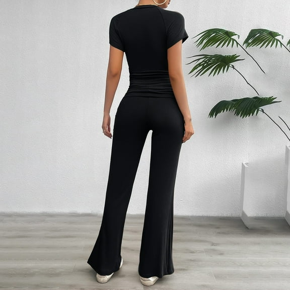 GZWYHT Sets for Women Long Sleeve Sets for Women Leisure Suit Women's 2 Set Casual Clothing Short Sleeve Cropped Top Flared Pants Sportswear Lounge Sets for Women Track Suits for Women Set Black L