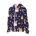 thumbnail image 3 of Goofa Corgi Lying With Moons And Stars Printed Women's UPF 50+ Sun Protection Hoodie Jacket Lightweight Long Sleeve Sun Shirt for Women with Pocket Hiking Outdoor-, 3 of 9