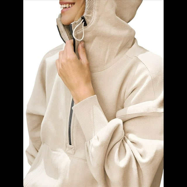 Sudadera con Capucha y Media Cremallera para Mujer, Informal, de Larga, Corta, con Cremallera de un Cuarto. Albaricoque M
