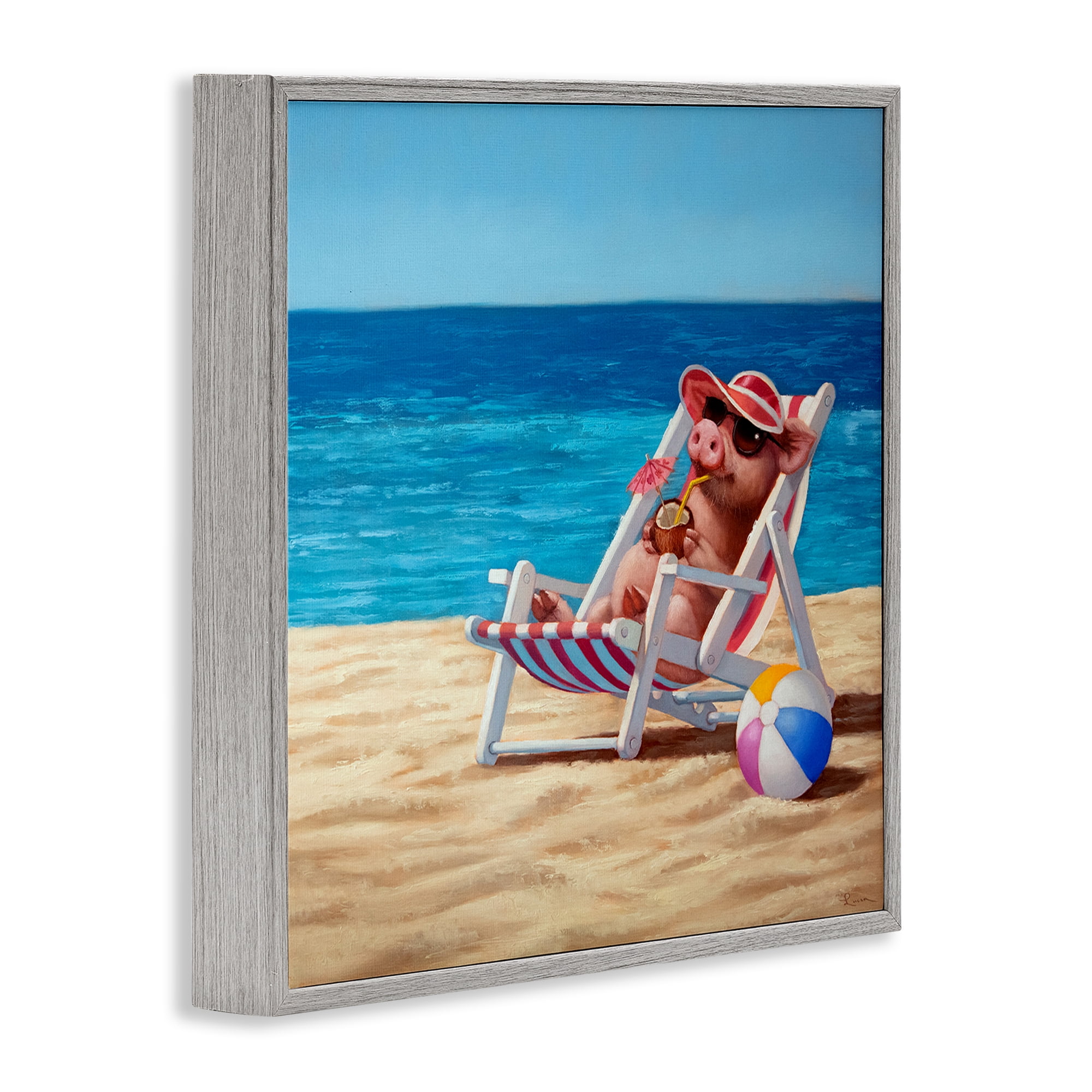 Stupell Industries Pig with Beach Cocktail Novelty Painting Gray Framed Art Print Wall Art, 24 x 24