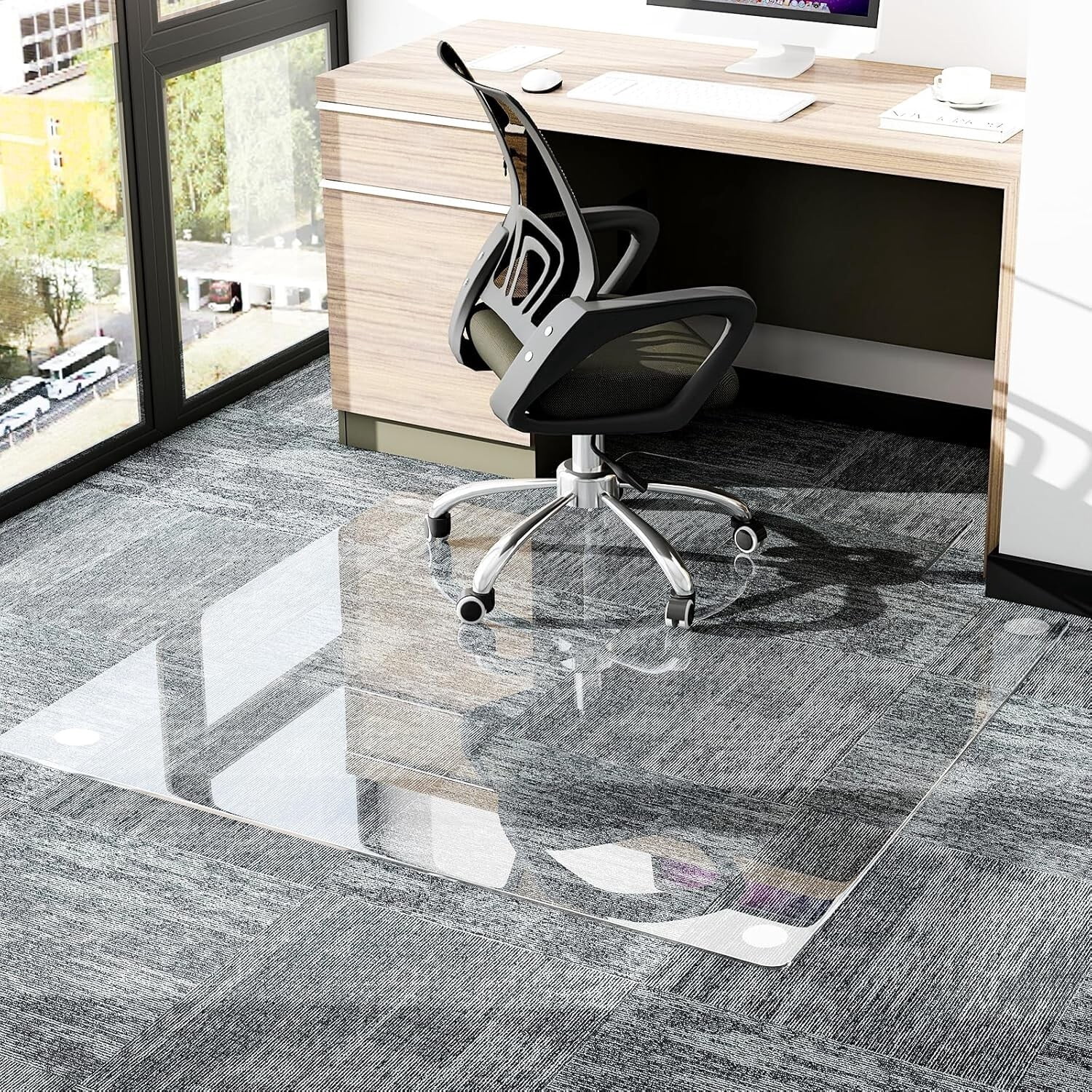Easy4Home 53"x45" Irregular Tempered Glass Chair Mat for Carpet & Hard Floors, Heavy Duty Office Chair Floor Protector with Anti-Slip Pads, Clear