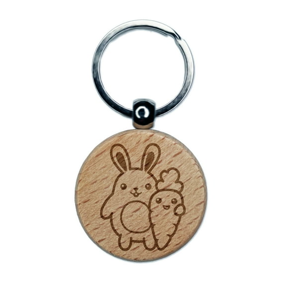 Bunny Carrot Friends Easter Round Keychain Charm Tag - Engraved Wood