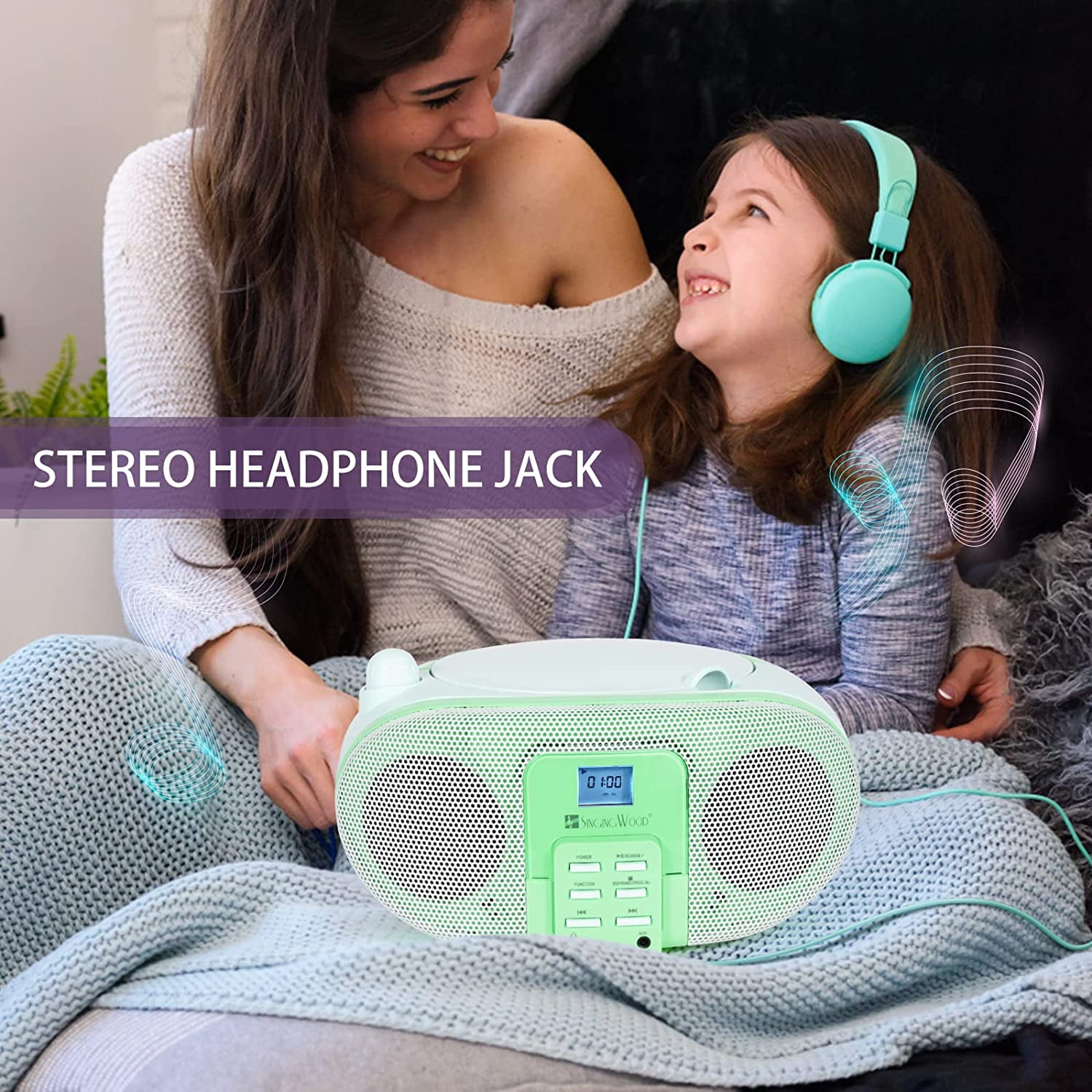 SingingWood GC01 Macarons Series Portable CD Player Boombox with AM FM Stereo Radio Kids CD Player LCD Display, Front Aux-in Port Headphone Jack, Supported AC or Battery Powered -Pistachio