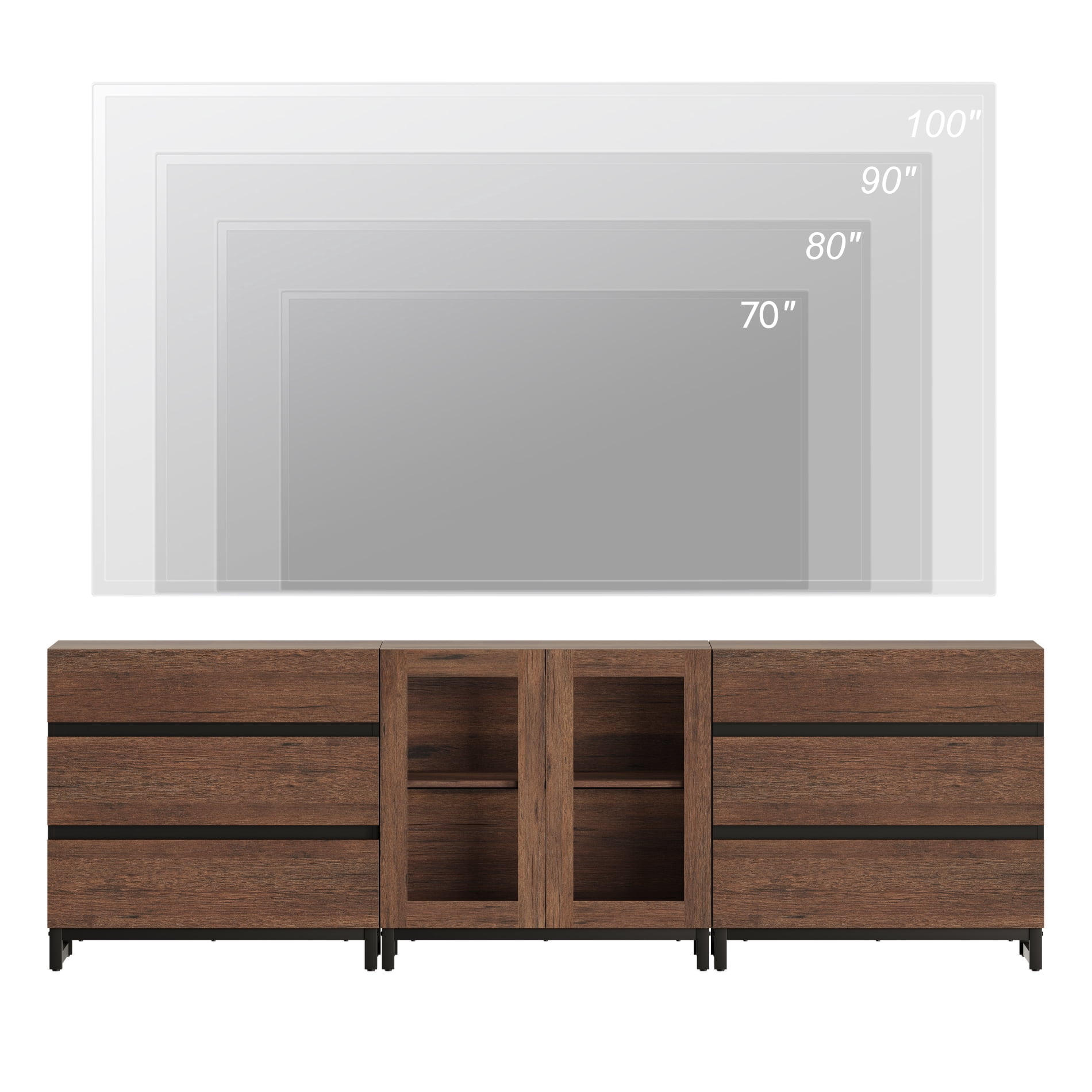 3 In 1 TV Stand For Tvs Up To 100 Inch, Modern TV Console With Glass Doors And 6 Drawers, Entertainment Center With Adjustable Shelf For Living Room, Bedroom,Brown