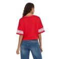 thumbnail image 2 of Forever 21 Women’s Mesh Cropped Boxy Football Tee, V-Neck Short Sleeve Varsity-Style Top with Striped Sleeves and Screen Graphic, XS-XL, 2 of 6
