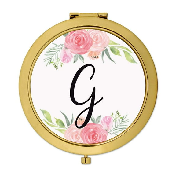 Koyal Wholesale Compact Mirror Bridesmaid's Wedding Gift, Gold, Monogram Letter G, Peach and Pink Roses, 1-Pack