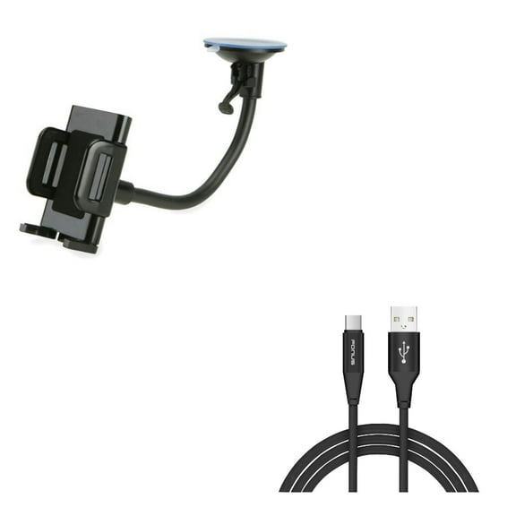 Charger Cord USB-C to TYPE-C 10ft USB Cable w Holder Windshield Car Mount P3Z for RED Hydrogen One - Samsung Galaxy XCover Pro S9 Plus, S8 Plus, S10 Plus active S10e 5G Note 9 8 10 Plus Fold