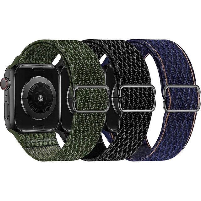 Bandas elásticas de nailon Solo Loop compatibles con Apple Watch 42 mm/44 mm/45 mm, correa para Iwatch Series 7/6/5/4/3/2/1 Se, paquete de 3 L 42 negro/verde militar/profundo