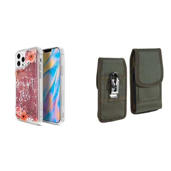 Liquid Glitter Case for iPhone 14 Pro and Belt Holster Pouch (You Got This/Green)