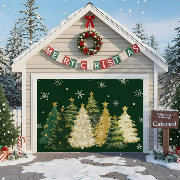 Fsddascl 7 x 8 Ft Christmas Garage Door Cover, Green Christmas Tree Large Garage Door Banner, Green Golden Xmas Tree Snowflake Hanging Garage Mural Background for Indoor Outdoor Xmas Party Supplies
