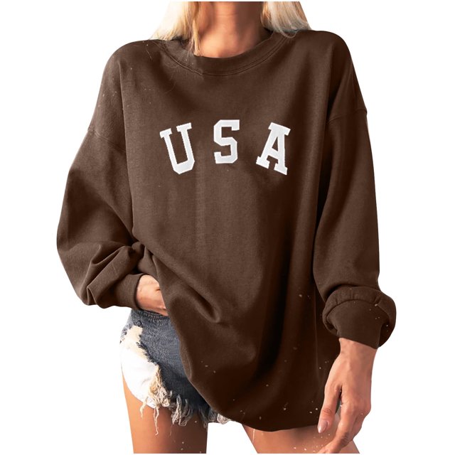 Sudadera Honeeladyy de liquidación por menos de 5 $ para mujer, jersey de moda con letras 3D y gráfico de EE. UU., jersey de gran tamaño, túnica informal de otoño, tops marrones