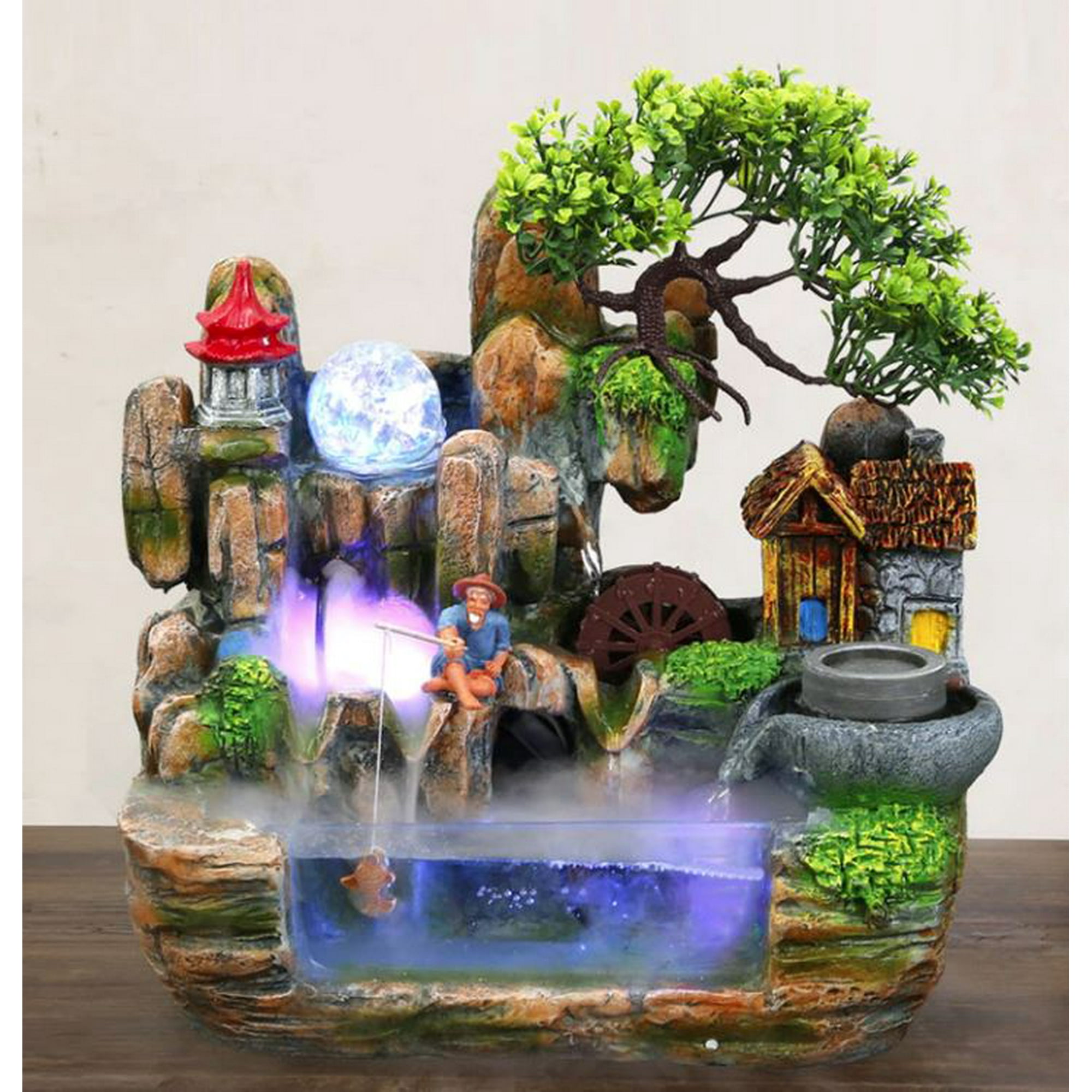置物 Valley Waterfall Handmade Desktop Resin Large Waterfall with Fisherman Water