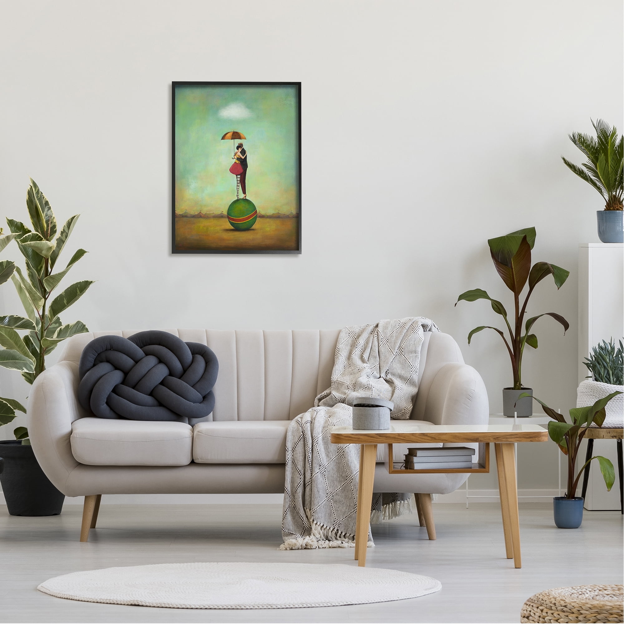 Surreal People & Umbrella Balancing Green Striped Ball Novelty Painting Framed Art Print Wall Art