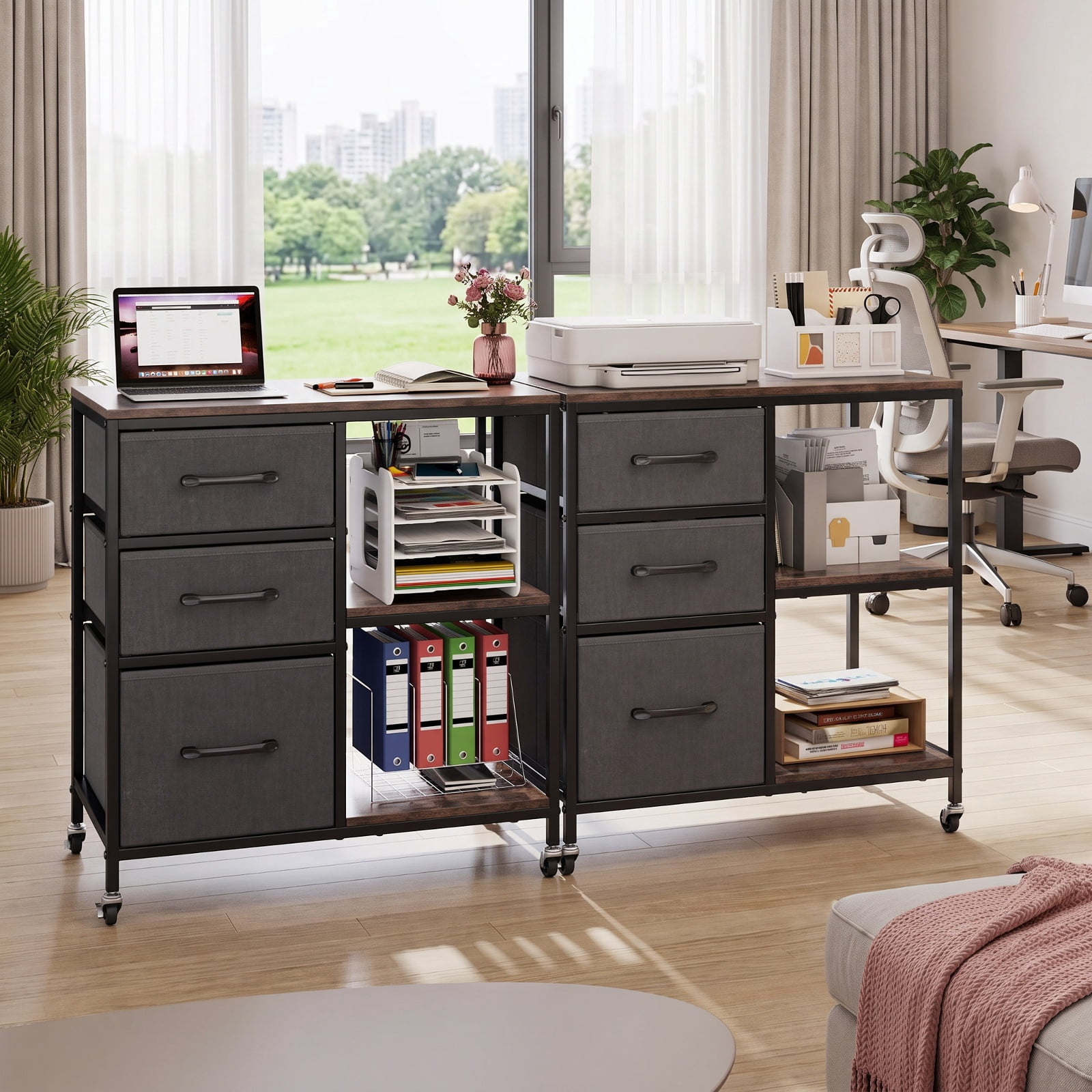 Furnibear 3 Drawer Mobile File Cabinet with Charging Station Rolling Printer Stand with Open Storage Shelves for Home Office Filing Document, Brown