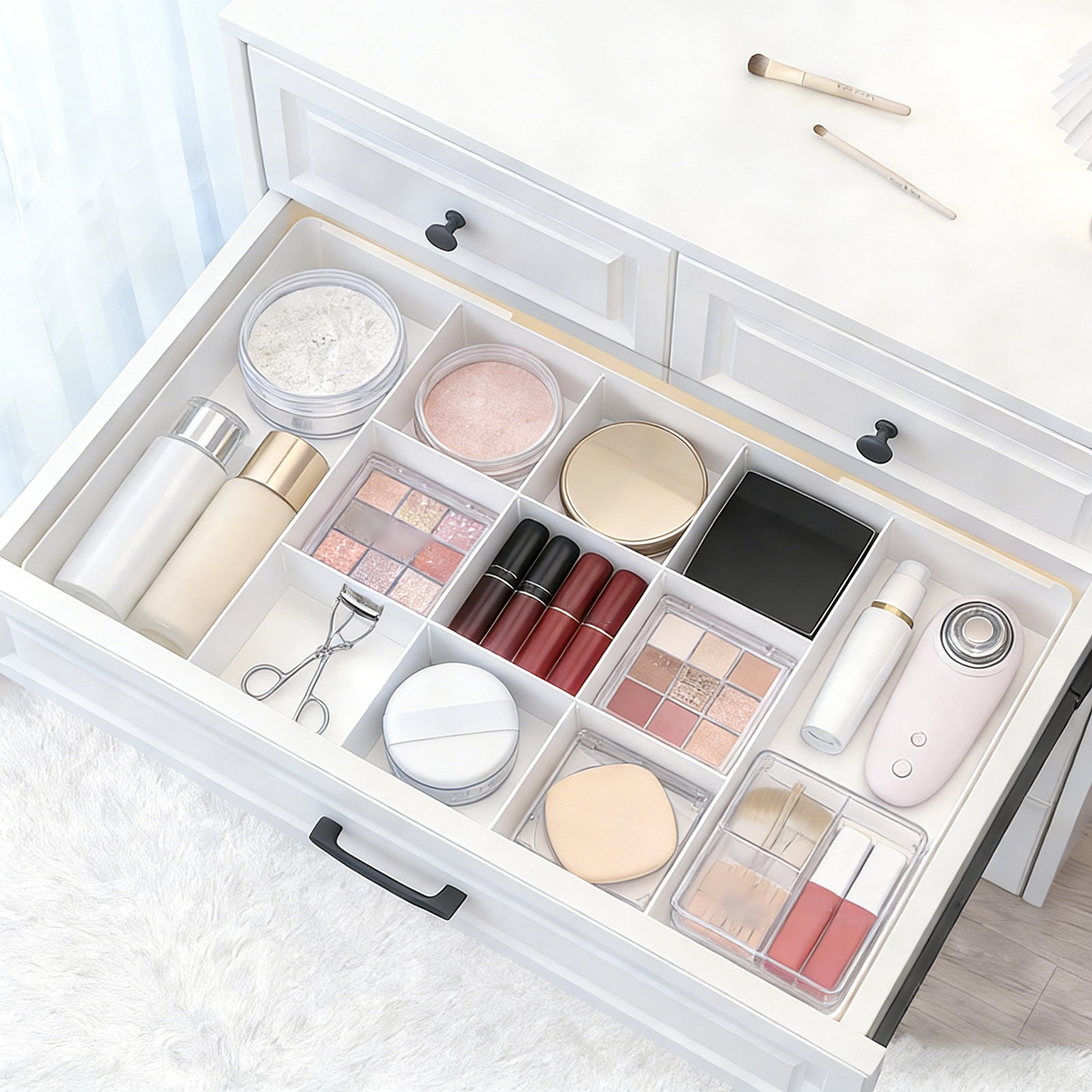 Expandable Drawer Organizer with Removable Dividers - Modular Storage for Makeup, Kitchen, and Shallow Drawers