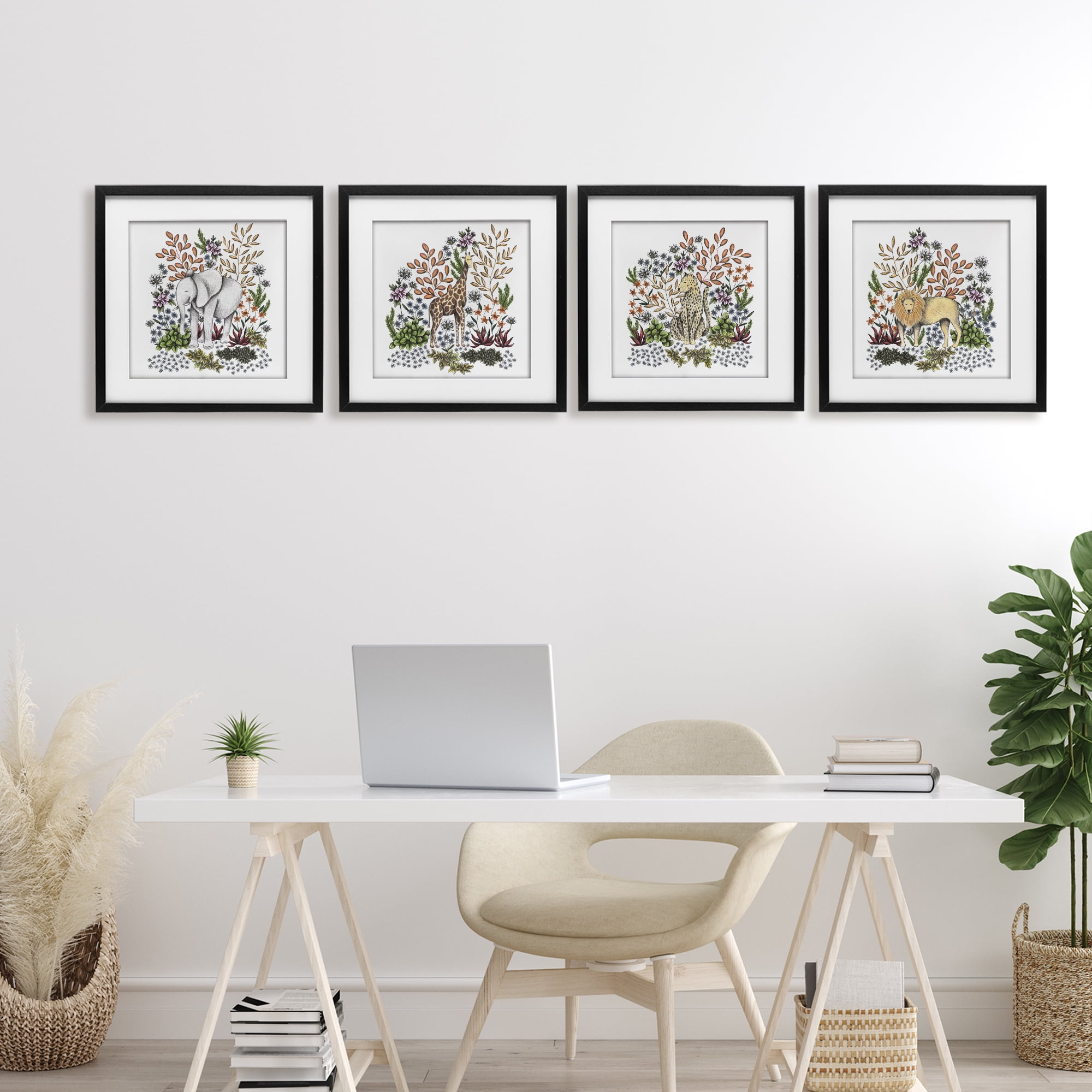 Jungle Wildlife & Botanicals 4 Piece Black Framed Print Under Glass Set, design by Cecilia Battaini