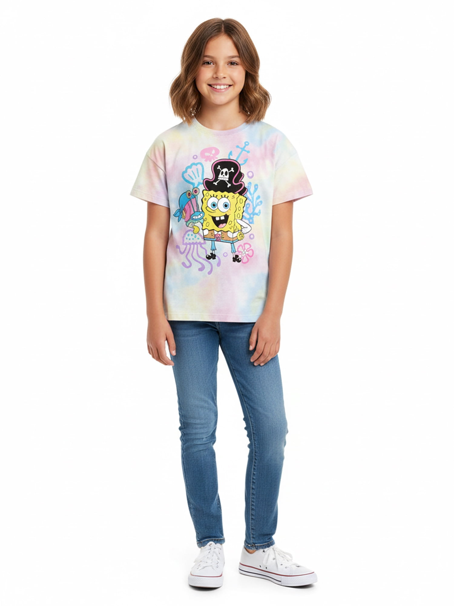 SpongeBob SquarePants Girls Pirate Sponge Graphic Tee with Short Sleeves, Sizes 4-16