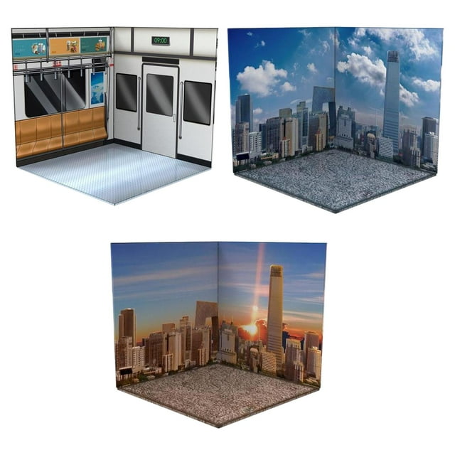 3 Uds 1/12 Telón de Fondo Almacenamiento Escena Decoración Organizador Vehículo Modelo Escaparate para Figuras de Acción, Vehículo Escena Juguete, Muñ Atardecer del metro de la ciudad