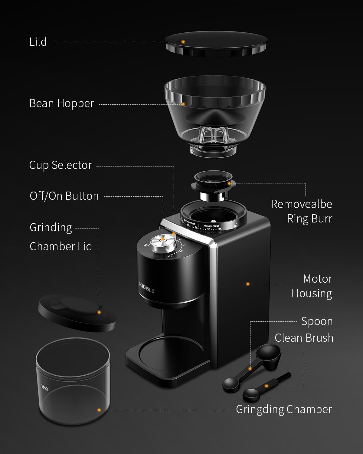 Conical Burr Coffee Grinder, Electric Coffee Bean Grinder for Precise Grinding, 35 Settings, 2–12 Cup Selector, Anti-Static Design for Home Use, Black
