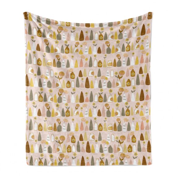 Floral Soft Flannel Fleece Throw Blanket, Blossoming Flowers in Different Vases Spring Themed Vintage Layout, Cozy Plush for Indoor and Outdoor Use, 50" x 60", Dark Peach Multicolor, by Ambesonne