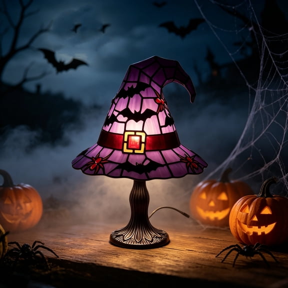 Halloween Witch Hat Lamp, Tiffany Stained Glass Witch Hat Night Light with Bat Spider Table Lamp, Halloween Indoor Outdoor Decor for Holiday Home Decoration