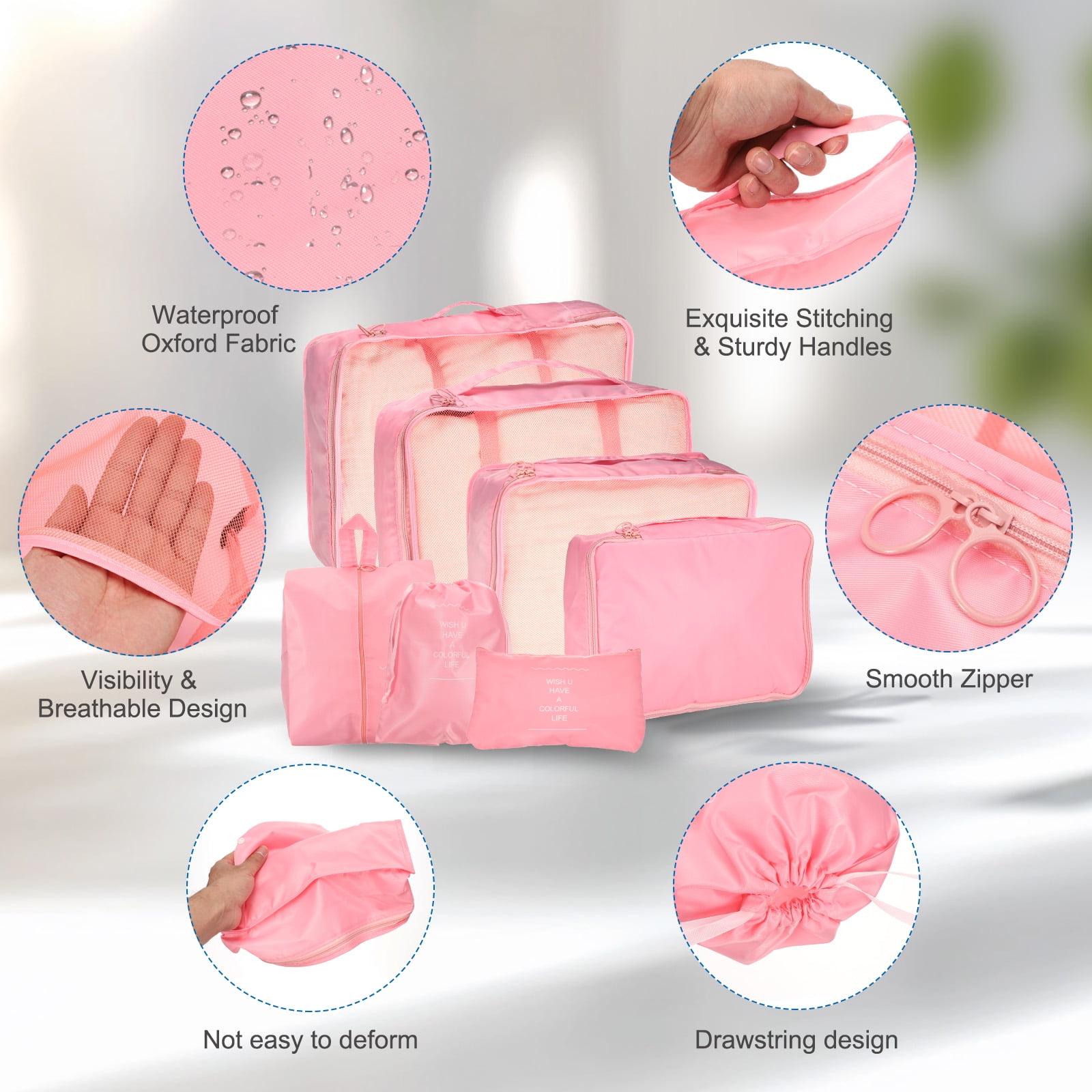 Uxcell 7Set Travel Packing Cube, Travel Bags Organizer Luggage Organizer Bags Lightweight Compression Cube Travel Essentials, Pink