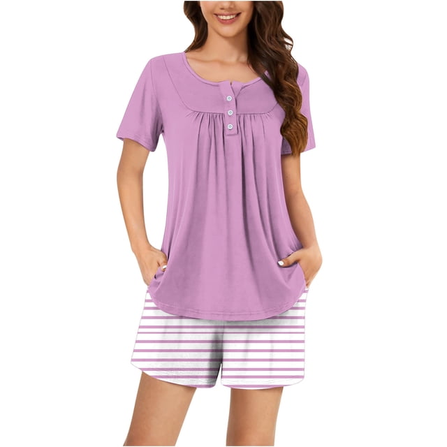 Rbaofujie Vêtements de Nuit pour Femmes Femmes Décontracté Col Rond Imprimé Blouse à Manches Courtes Pantalon Mode Pyjama Ensemble Vêtements de Nuit pour Filles