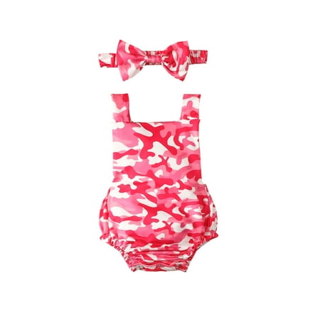 

Binpure 2Pcs Baby Outfit Camouflage Square-Neck Suspenders Romper + Hairband