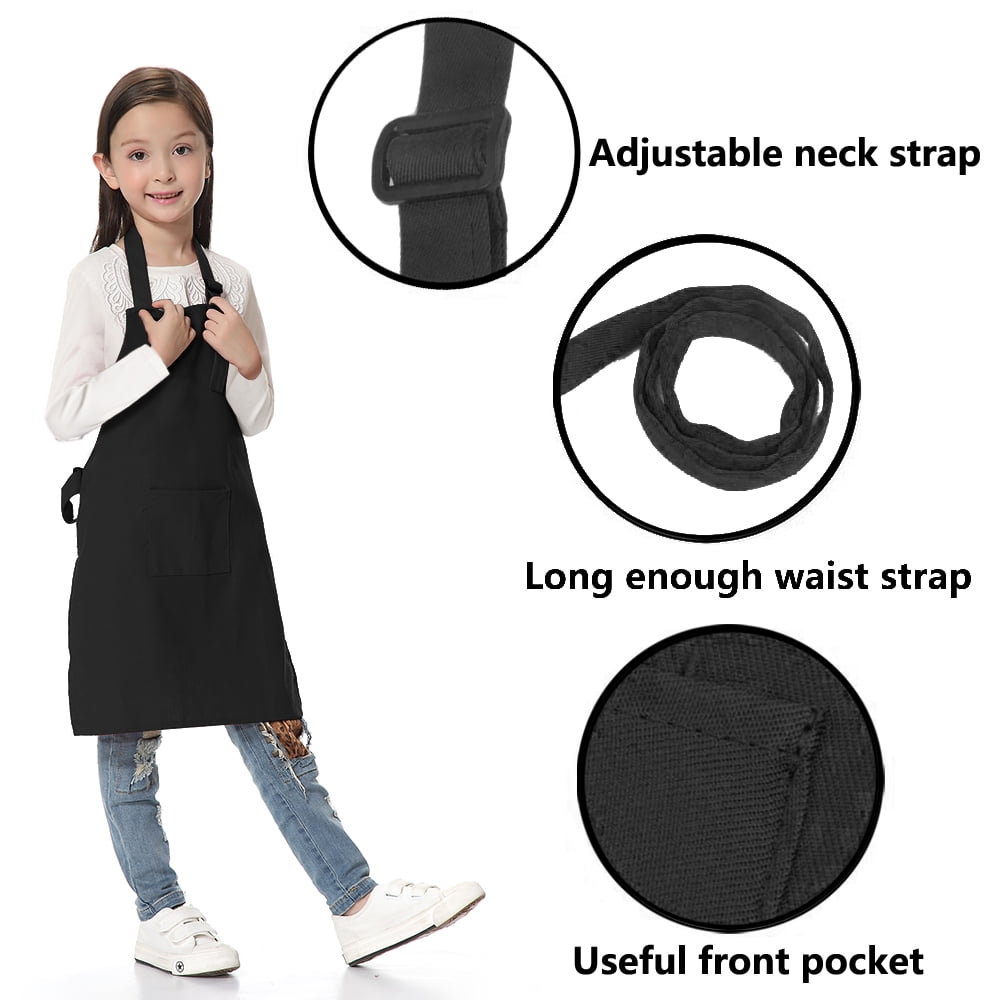 Toptie 6 Pack Kids Aprons with Pocket & Adjustable Strap, Child Chef Bib Apron for Kitchen Cooking Baking Painting-Black-XXL