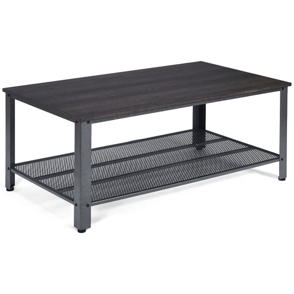 Finihen Wooden Coffee Table, Metal Frame Wood Coffee Table Console Table with Storage Shelf, for Living Room, Reception Room, Office, Black