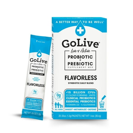 GoLive Prebiotic & Probiotic for Women, Men, Kids. Flavor-Free, Sugar-Free, Synbiotic Powder w/ GOS, L-Glutamine, Vitamin D3, Electrolytes. For Gut Health, Digestion, Metabolism, Immunity 15-50B CFUs