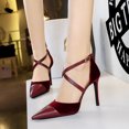 thumbnail image 4 of Zapatos de tacón fino y poco profundo para banquetes, sandalias con punta afilada de terciopelo y cinturón cruzado, zapatos de tacón clásico para boda para mujer, 4 of 5