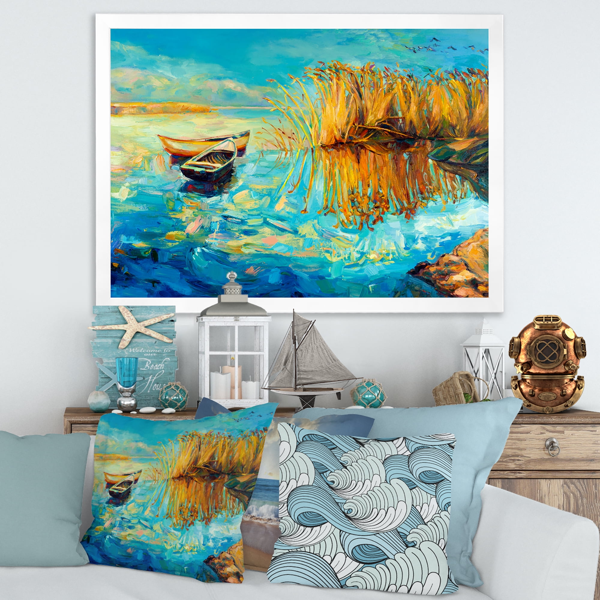 Orange Trees With Turquoise Lake During Sunset 32 in x 16 in Framed Painting Canvas Art Print, by Designart